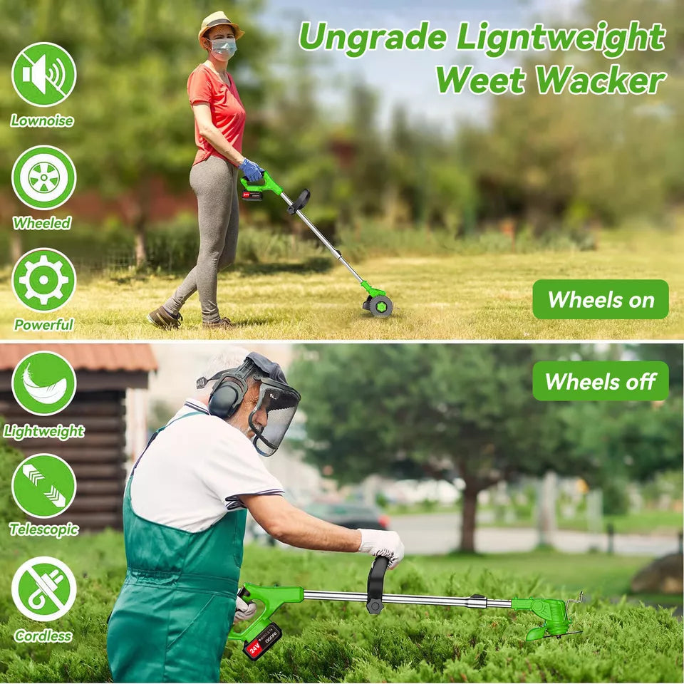 Cordless 24V lawn trimmer with ergonomic grip, retractable guard, telescopic shaft; lightweight design for easy garden use.