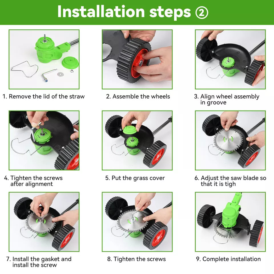 Cordless 24V lawn trimmer with ergonomic grip, retractable guard, telescopic shaft; lightweight design for easy garden use.