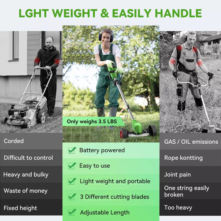 Cordless 24V lawn trimmer with ergonomic grip, retractable guard, telescopic shaft; lightweight design for easy garden use.