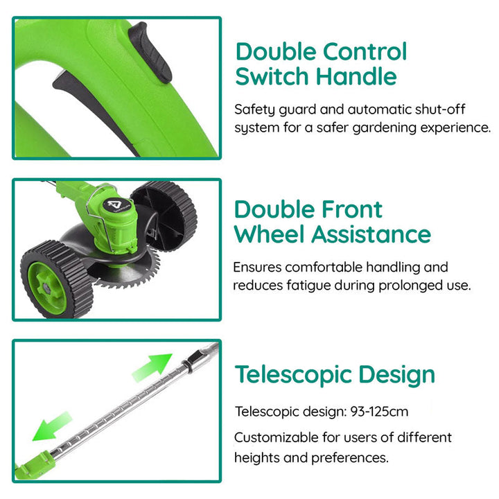 Cordless electric grass trimmer with adjustable telescopic rod, multi-angle head, and detachable wheels for easy lawn care.