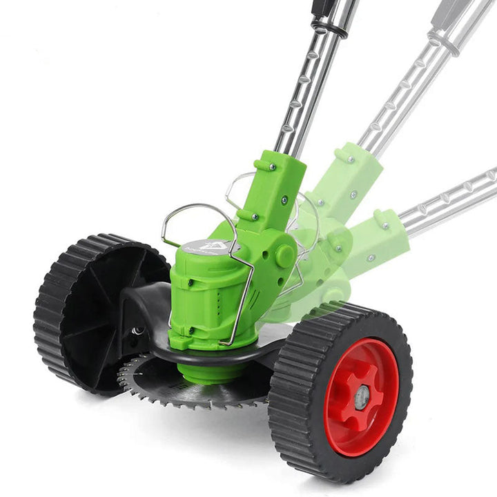 Cordless electric grass trimmer with adjustable telescopic rod, multi-angle head, and detachable wheels for easy lawn care.