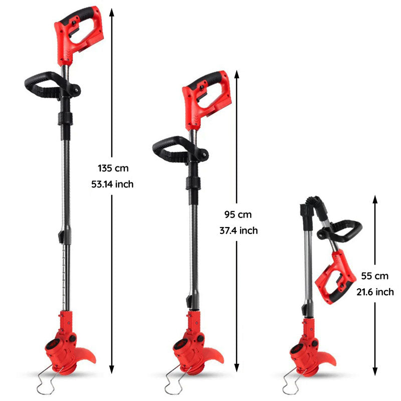 Cordless electric grass trimmer with adjustable telescopic rod, multi-angle head, and detachable wheels for easy lawn care.