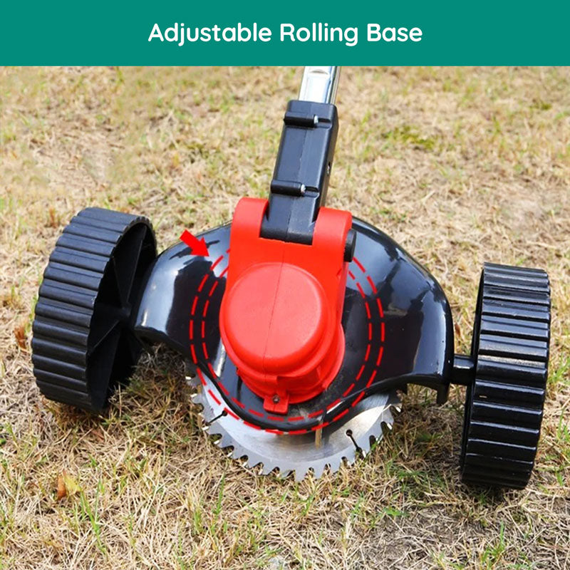 Cordless electric grass trimmer with adjustable telescopic rod, multi-angle head, and detachable wheels for easy lawn care.