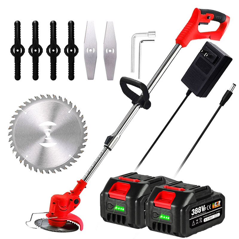 Cordless electric grass trimmer with adjustable telescopic rod, multi-angle head, and detachable wheels for easy lawn care.