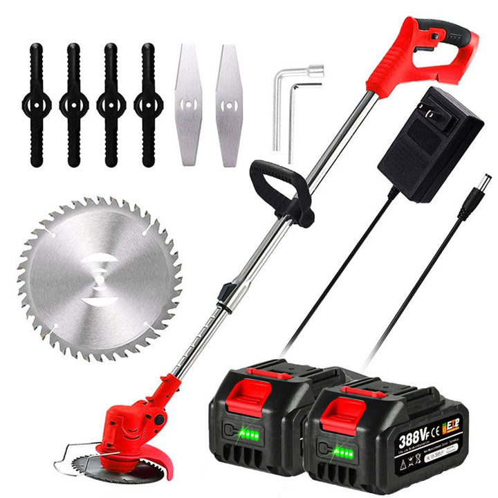 Cordless electric grass trimmer with adjustable telescopic rod, multi-angle head, and detachable wheels for easy lawn care.