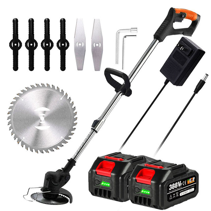 Cordless electric grass trimmer with adjustable telescopic rod, multi-angle head, and detachable wheels for easy lawn care.
