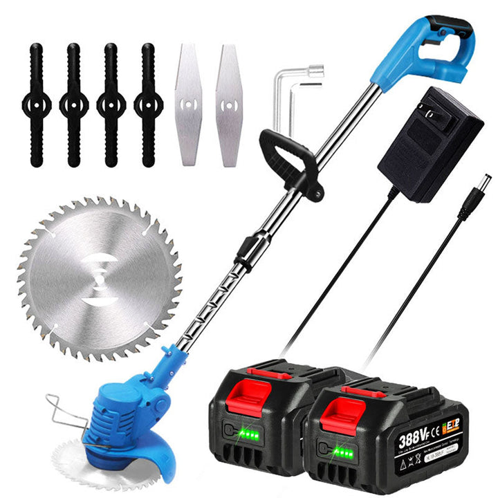 Cordless electric grass trimmer with adjustable telescopic rod, multi-angle head, and detachable wheels for easy lawn care.