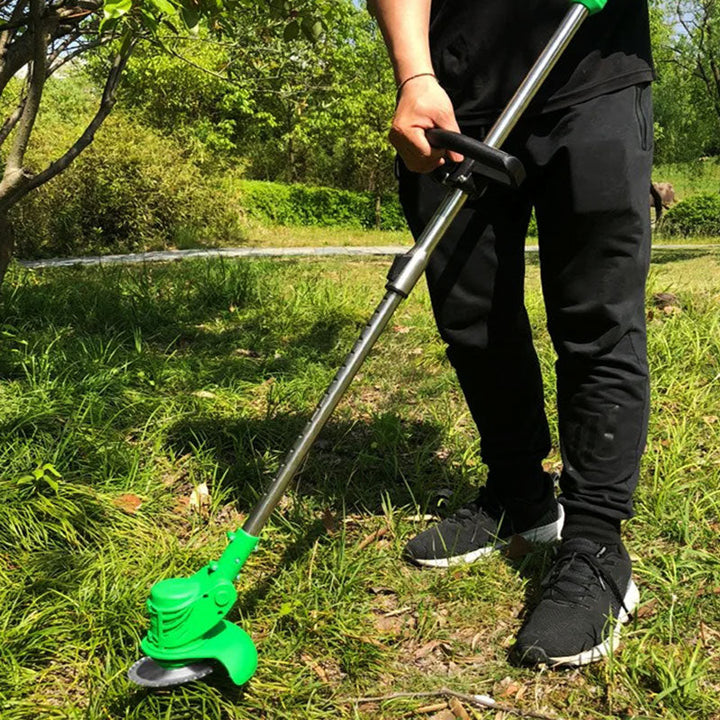 Cordless electric grass trimmer with adjustable telescopic rod, multi-angle head, and detachable wheels for easy lawn care.
