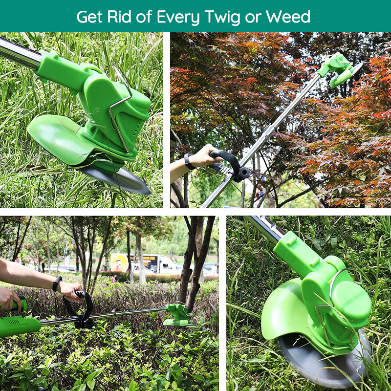 Cordless electric grass trimmer with adjustable telescopic rod, multi-angle head, and detachable wheels for easy lawn care.
