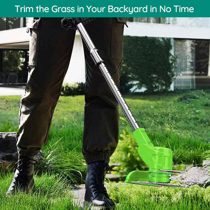 Cordless electric grass trimmer with adjustable telescopic rod, multi-angle head, and detachable wheels for easy lawn care.