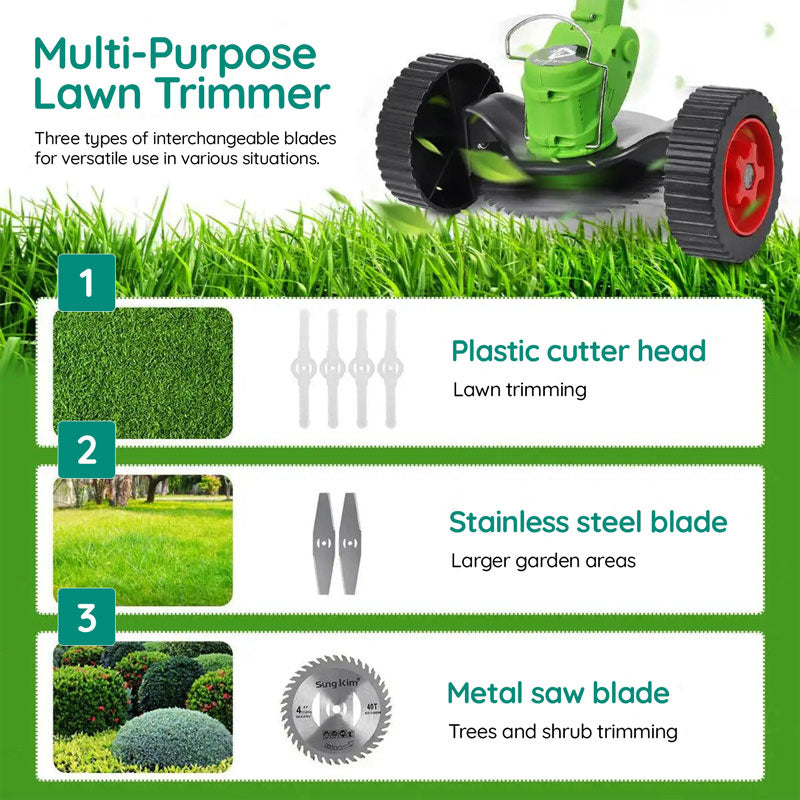 Cordless electric grass trimmer with adjustable telescopic rod, multi-angle head, and detachable wheels for easy lawn care.