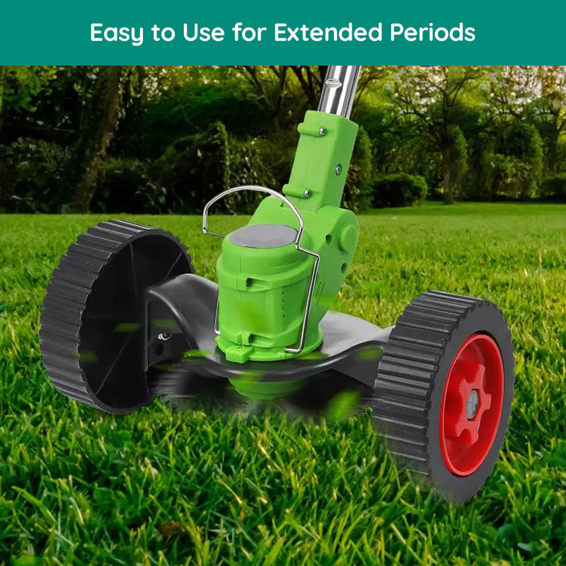 Cordless electric grass trimmer with adjustable telescopic rod, multi-angle head, and detachable wheels for easy lawn care.