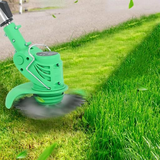 Cordless lightweight electric weed eater in use, showcasing compact design and ergonomic features for easy garden maintenance