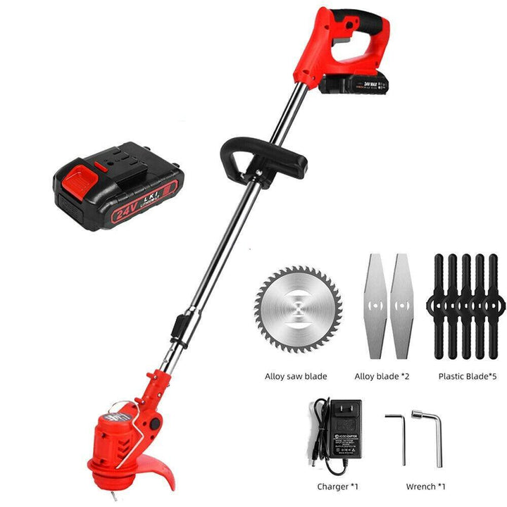 Cordless lightweight electric weed eater in use, showcasing compact design and ergonomic features for easy garden maintenance