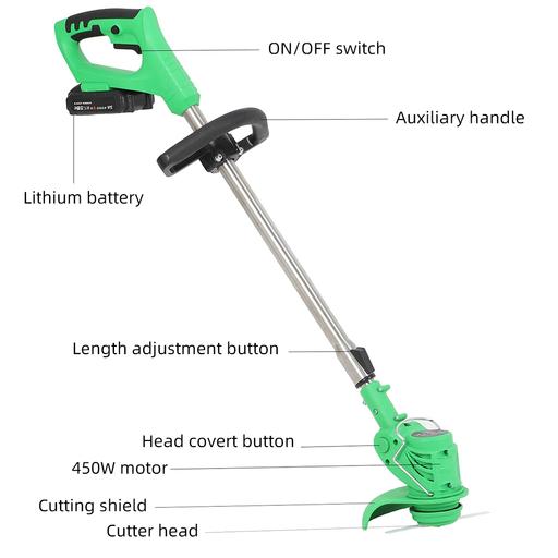 Cordless lightweight electric weed eater in use, showcasing compact design and ergonomic features for easy garden maintenance