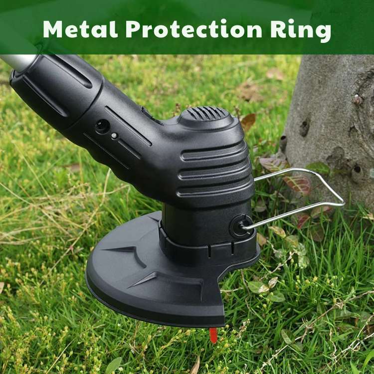 Cordless lightweight grass trimmer with ergonomic handle, high-power battery, and protective blade guard for efficient trimmi