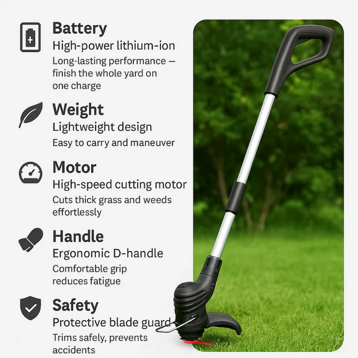 Cordless lightweight grass trimmer with ergonomic handle, high-power battery, and protective blade guard for efficient trimmi