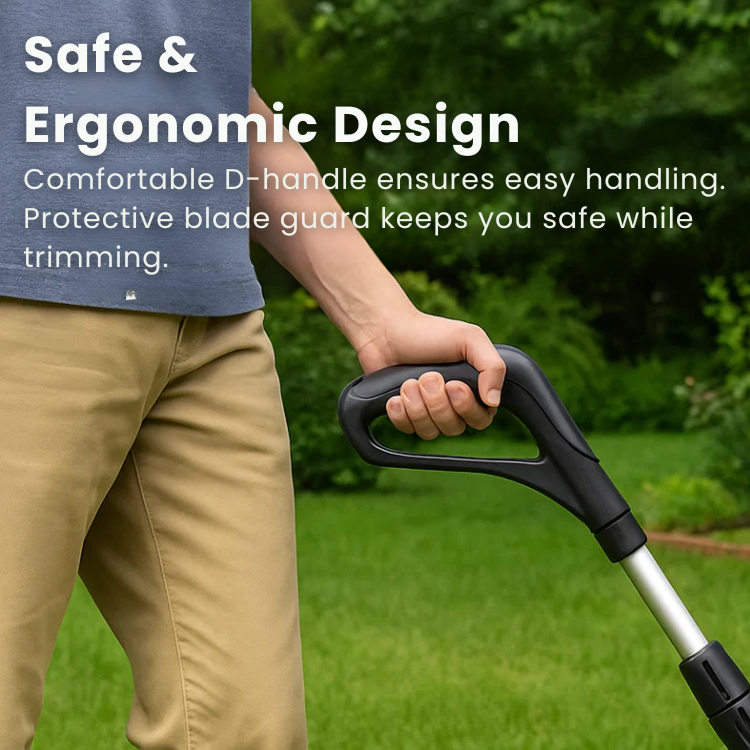 Cordless lightweight grass trimmer with ergonomic handle, high-power battery, and protective blade guard for efficient trimmi
