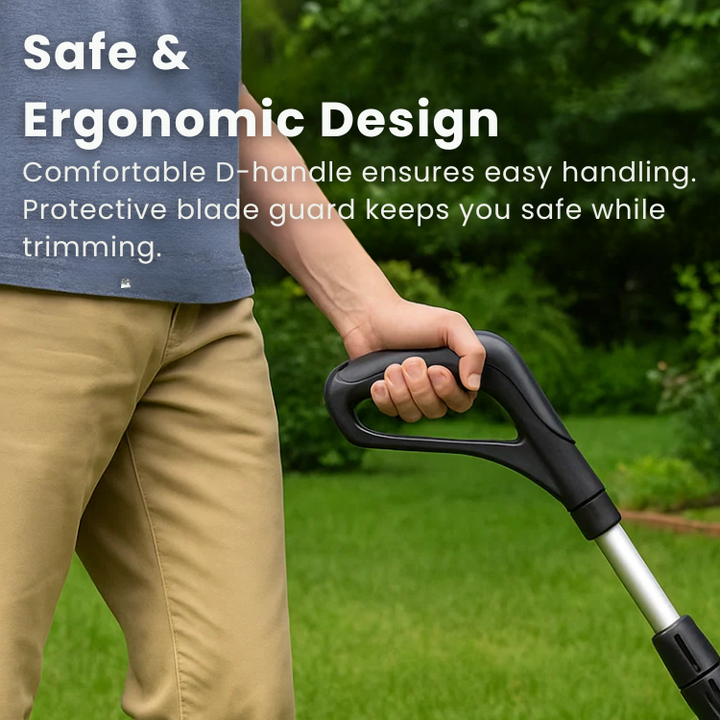Cordless lightweight grass trimmer with ergonomic handle, high-power battery, and protective blade guard for efficient trimmi