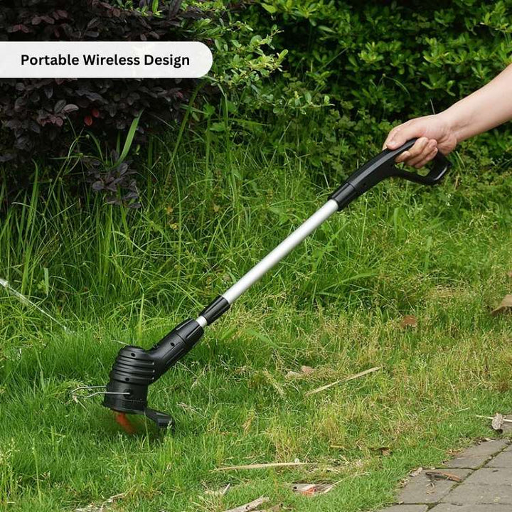 Cordless lightweight grass trimmer with ergonomic handle, high-power battery, and protective blade guard for efficient trimmi