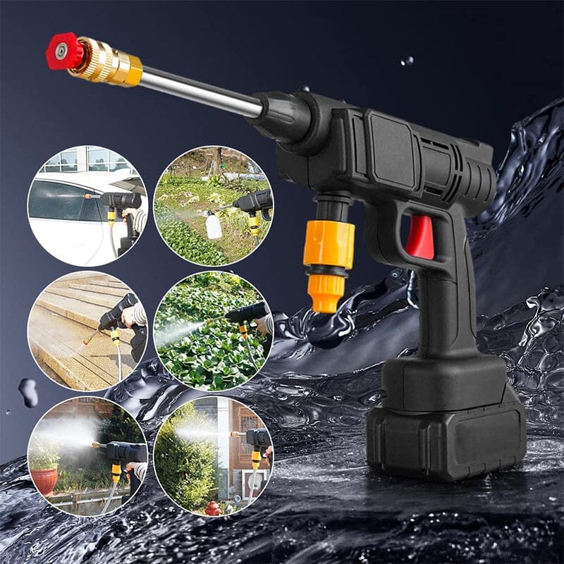 Cordless portable high pressure spray gun for cleaning, lightweight design, ideal for car, patio, and garden furniture wash.