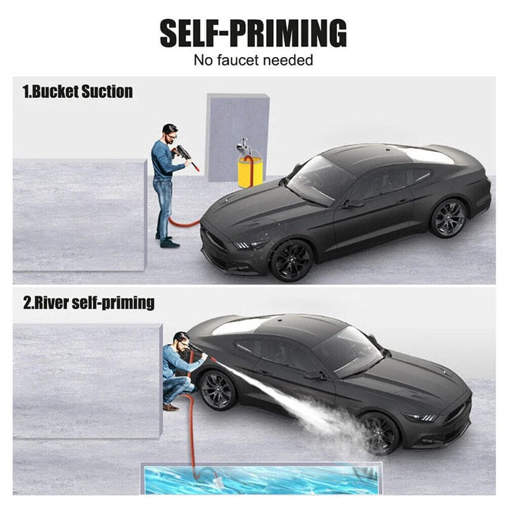 Cordless portable high pressure spray gun for cleaning, lightweight design, ideal for car, patio, and garden furniture wash.