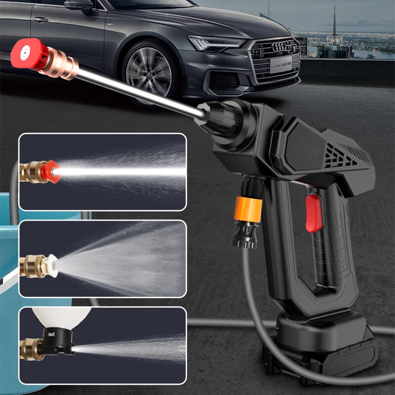 Cordless portable high pressure spray gun for cleaning, lightweight design, ideal for car, patio, and garden furniture wash.