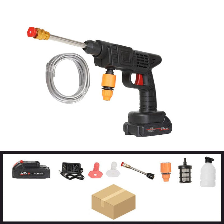 Cordless portable high pressure spray gun for cleaning, lightweight design, ideal for car, patio, and garden furniture wash.