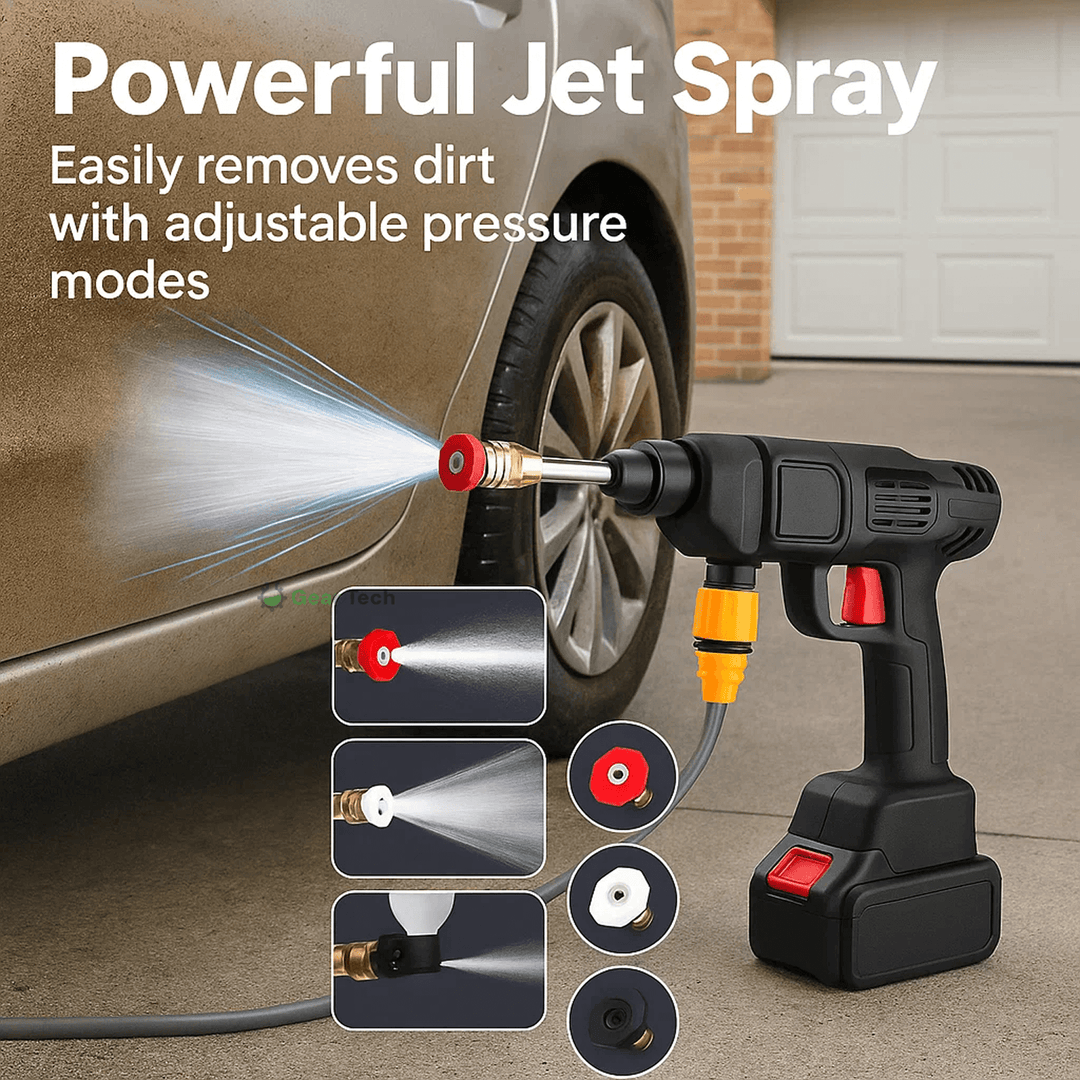 Cordless portable high pressure spray gun for cleaning, lightweight design, ideal for car, patio, and garden furniture wash.