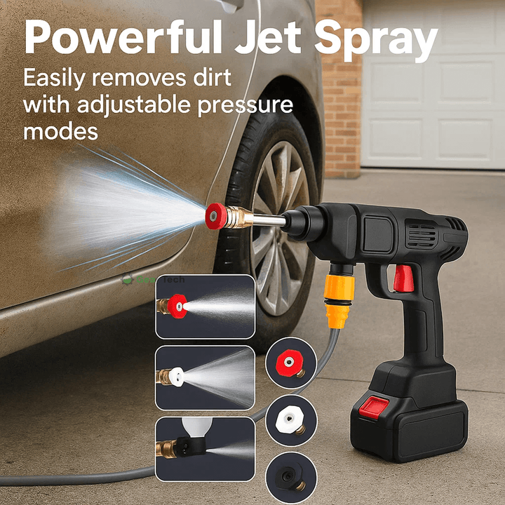 Cordless portable high pressure spray gun for cleaning, lightweight design, ideal for car, patio, and garden furniture wash.