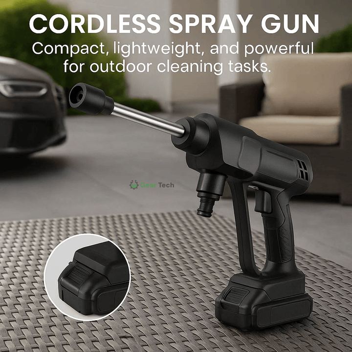 Cordless portable high pressure spray gun for cleaning, lightweight design, ideal for car, patio, and garden furniture wash.