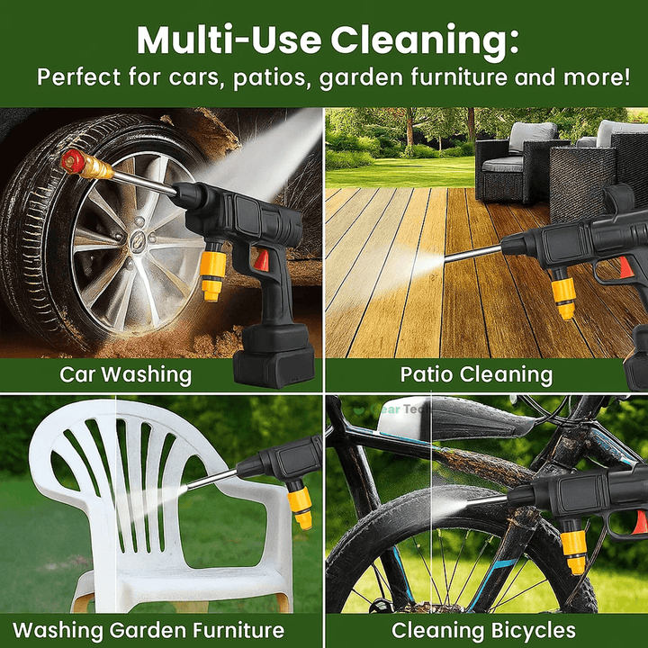 Cordless portable high pressure spray gun for cleaning, lightweight design, ideal for car, patio, and garden furniture wash.