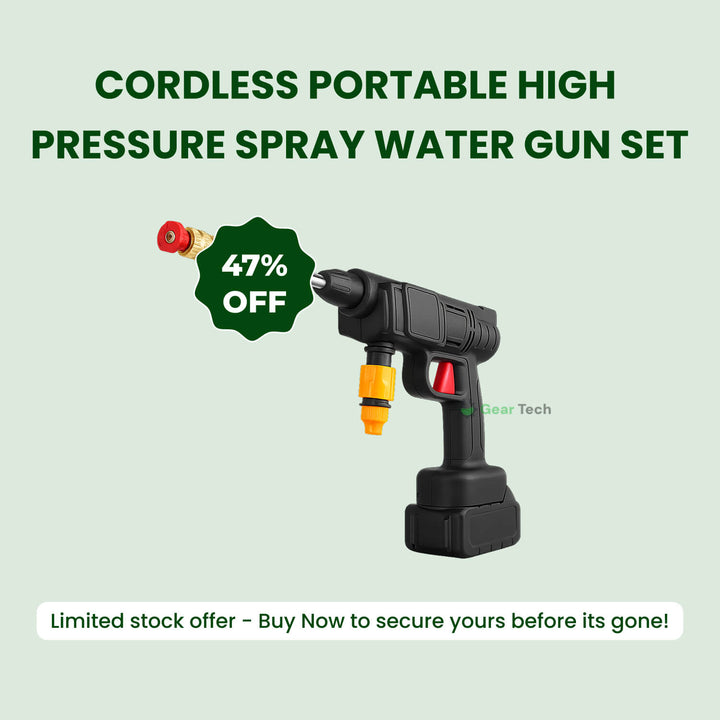 Cordless portable high pressure spray gun for cleaning, lightweight design, ideal for car, patio, and garden furniture wash.