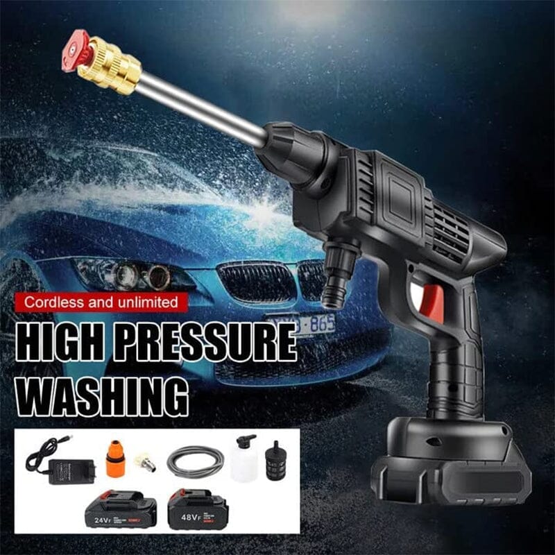Cordless portable high pressure spray gun for cleaning, lightweight design, ideal for car, patio, and garden furniture wash.