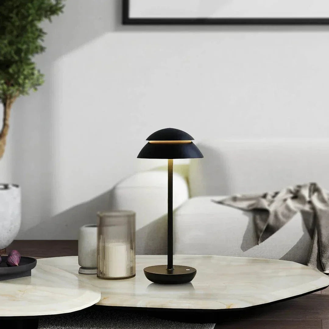 "Cordless rechargeable modern table lamp with touch dimming, minimalist design in chic finishes like Black, Gold, and Walnut.