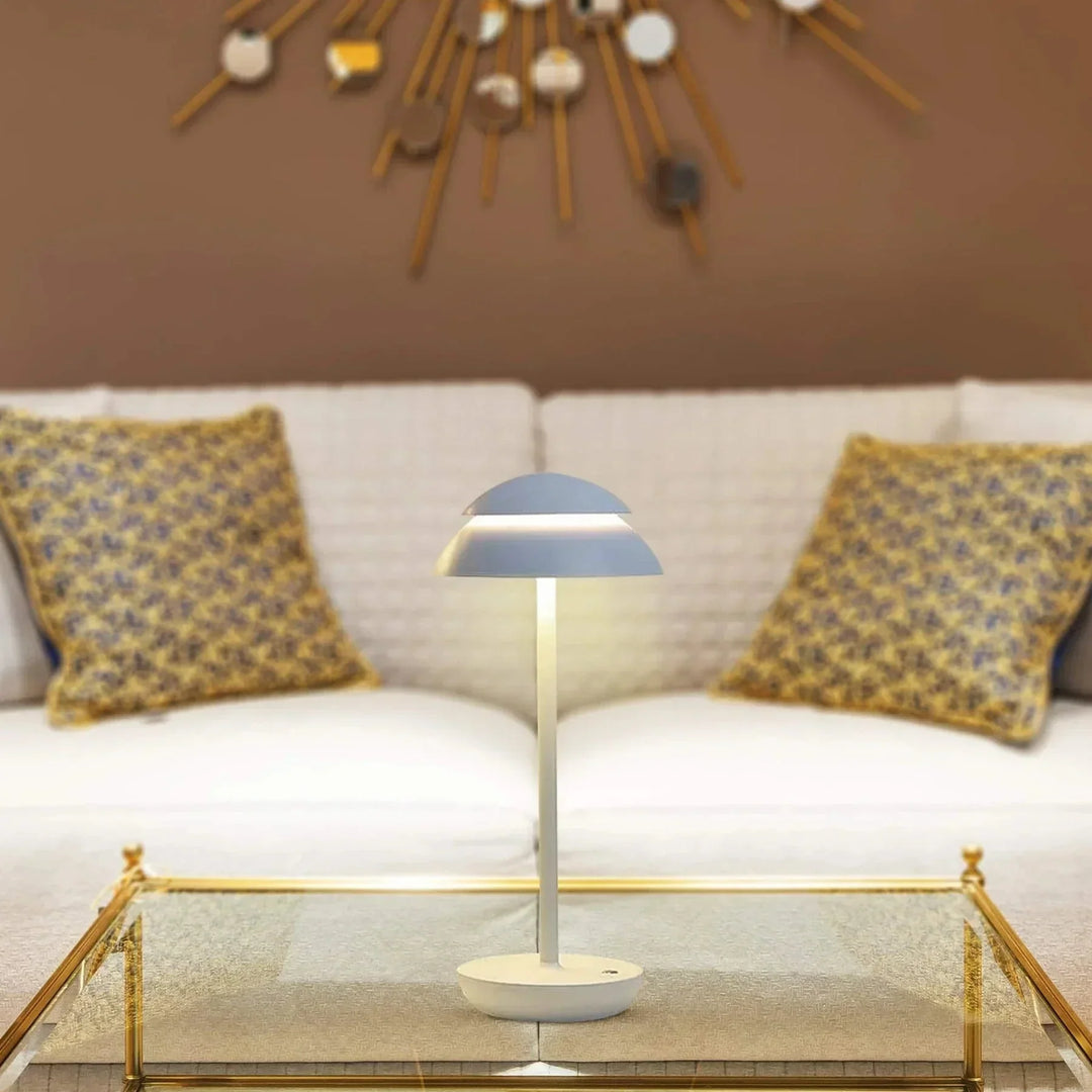 "Cordless rechargeable modern table lamp with touch dimming, minimalist design in chic finishes like Black, Gold, and Walnut.