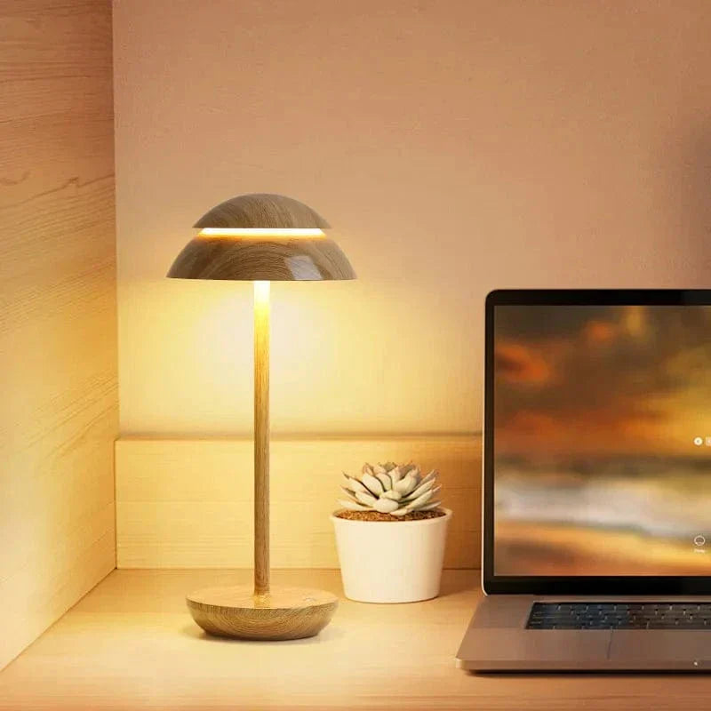 "Cordless rechargeable modern table lamp with touch dimming, minimalist design in chic finishes like Black, Gold, and Walnut.