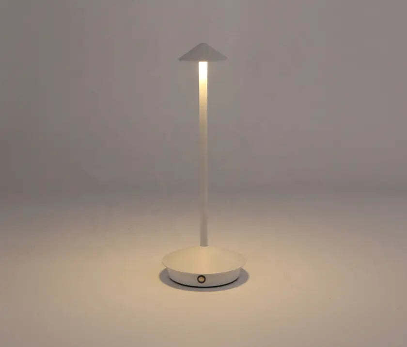 "Cordless rechargeable table lamp, sleek pine-like design, touch control, USB-powered, waterproof, dimmable LED lighting."
