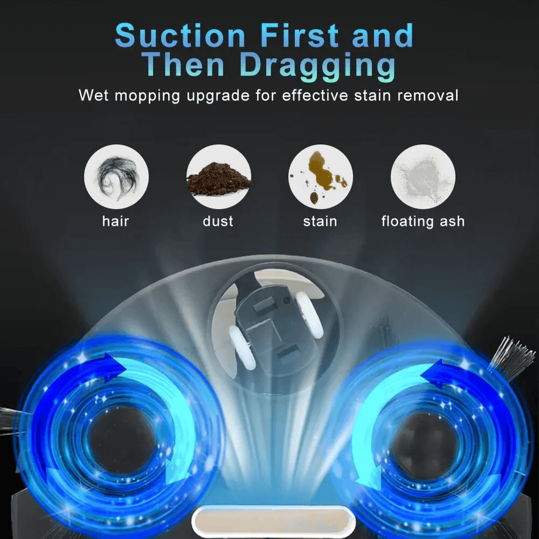 Cordless robotic vacuum cleaner with smart navigation on wooden floor, showcasing three-in-one sweeping, vacuuming, mopping.