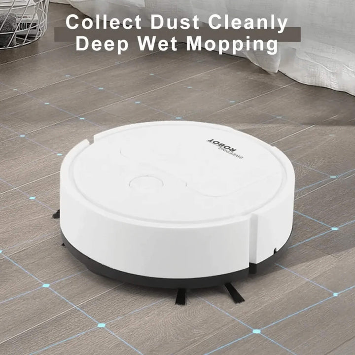 Cordless robotic vacuum cleaner with smart navigation on wooden floor, showcasing three-in-one sweeping, vacuuming, mopping.