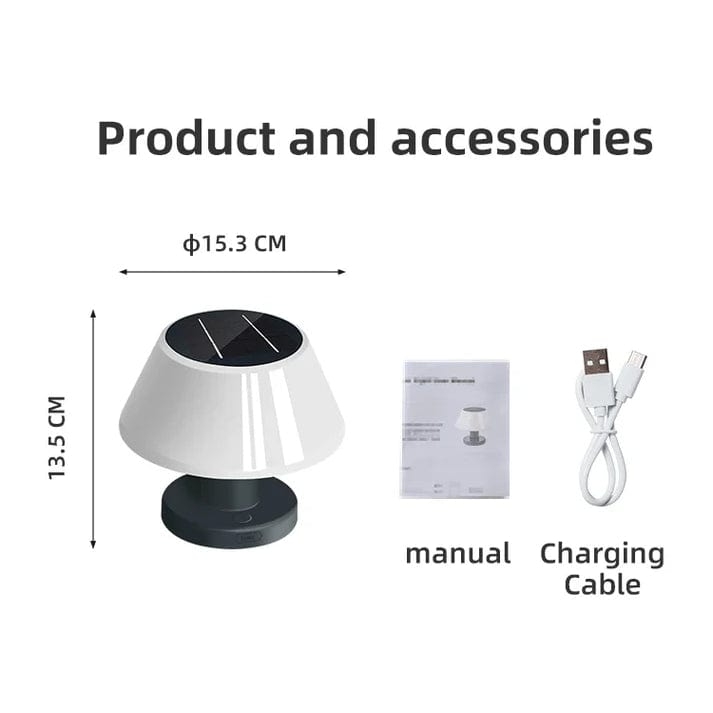 Cordless solar table lamp with LED, rechargeable via USB Type-C, features a sleek, minimalist design, perfect for outdoor use