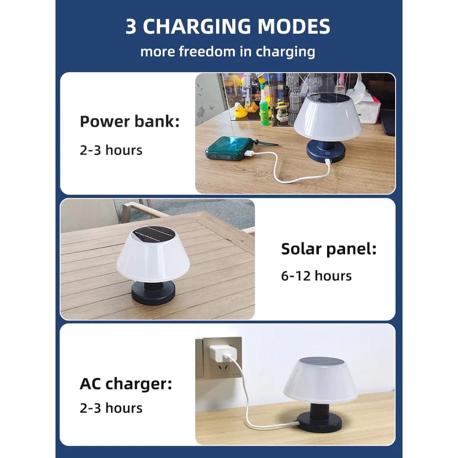 Cordless solar table lamp with LED, rechargeable via USB Type-C, features a sleek, minimalist design, perfect for outdoor use
