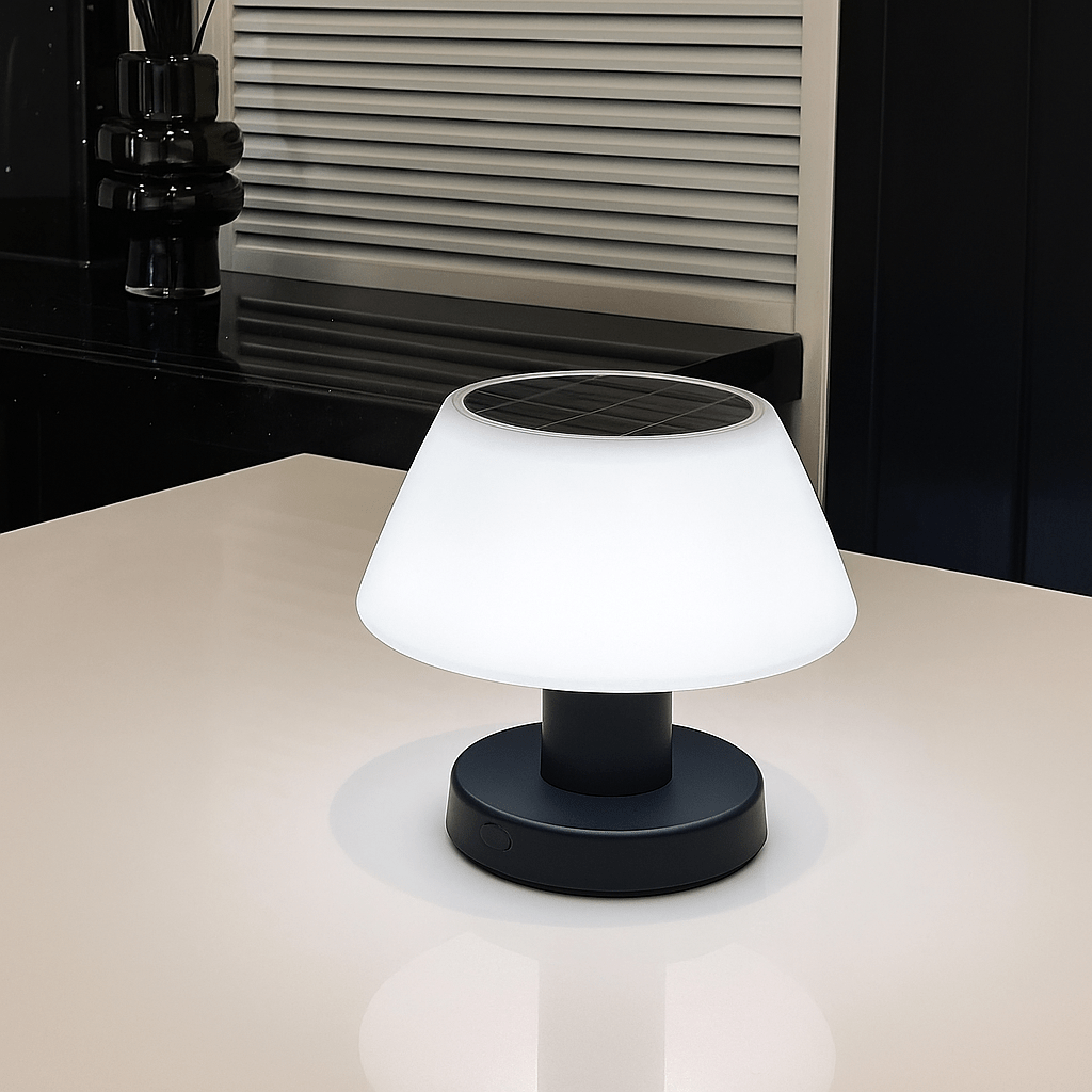 Cordless solar table lamp with LED, rechargeable via USB Type-C, features a sleek, minimalist design, perfect for outdoor use