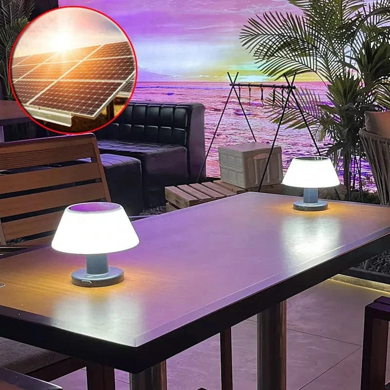 Cordless solar table lamp with LED, rechargeable via USB Type-C, features a sleek, minimalist design, perfect for outdoor use