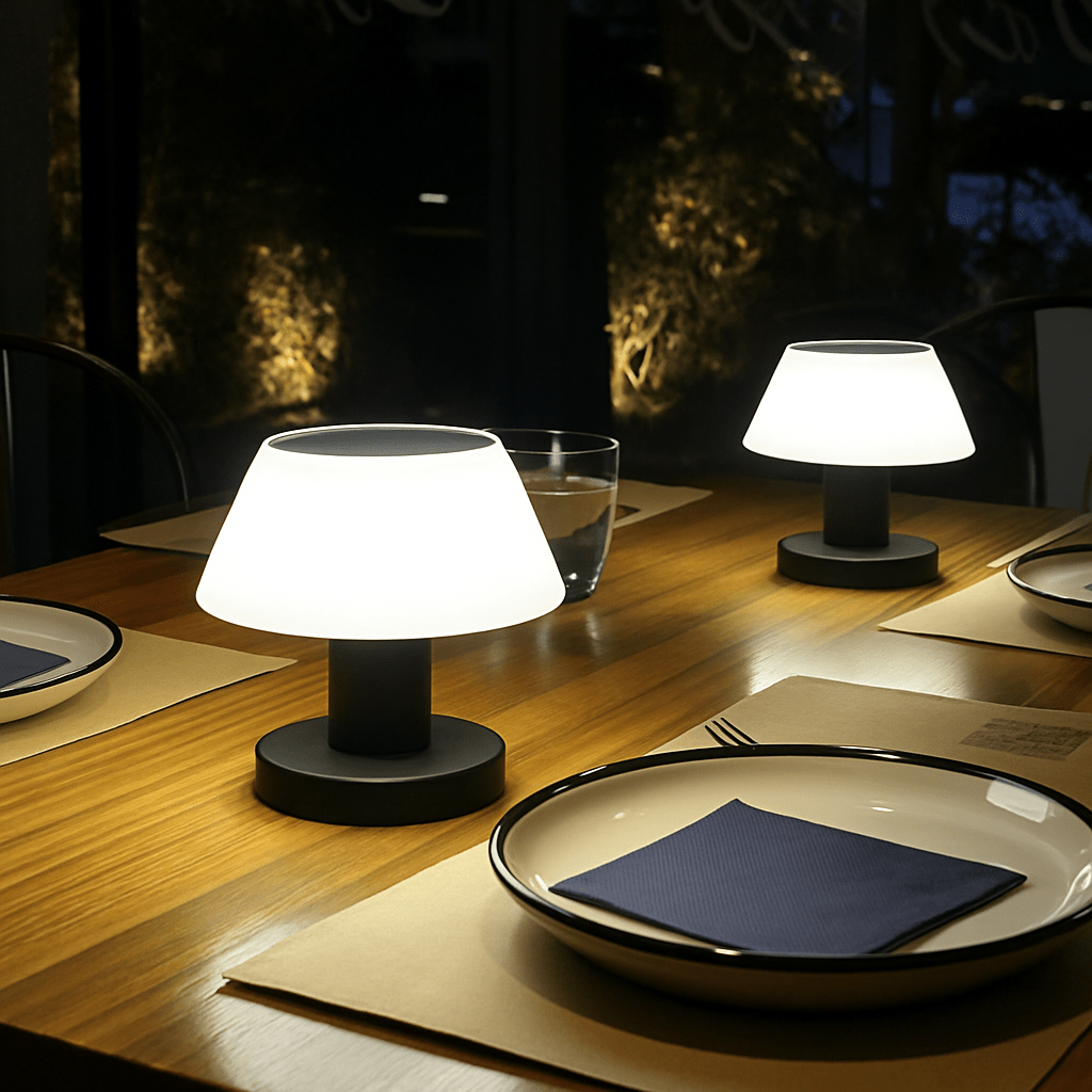 Cordless solar table lamp with LED, rechargeable via USB Type-C, features a sleek, minimalist design, perfect for outdoor use