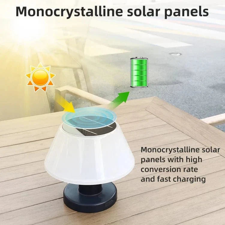 Cordless solar table lamp with LED, rechargeable via USB Type-C, features a sleek, minimalist design, perfect for outdoor use
