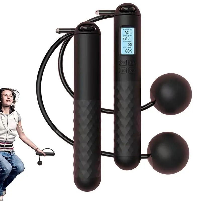 Cordless weighted jump rope with digital counter and ergonomic handles, ideal for effective home workouts in tight spaces.