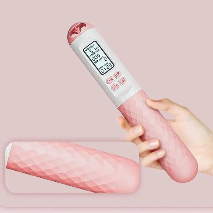 Cordless weighted jump rope with digital counter and ergonomic handles, ideal for effective home workouts in tight spaces.