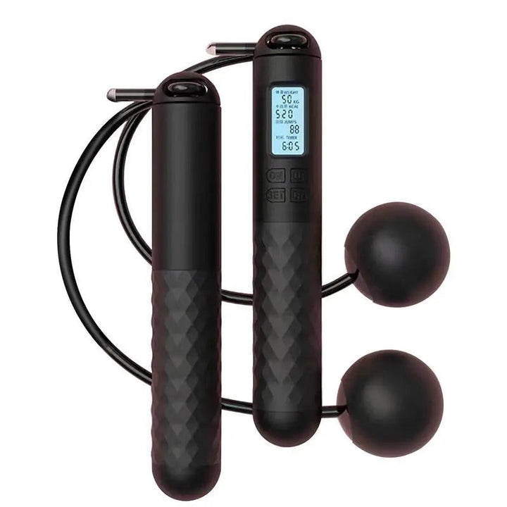 Cordless weighted jump rope with digital counter and ergonomic handles, ideal for effective home workouts in tight spaces.