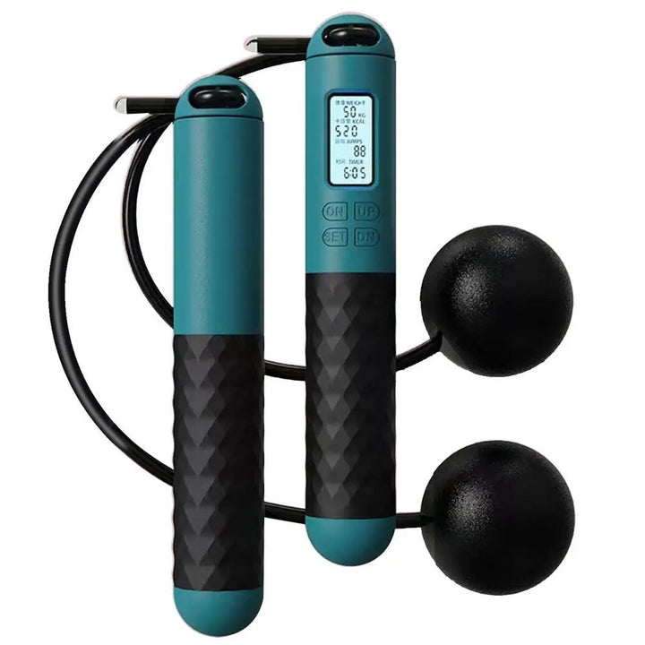 Cordless weighted jump rope with digital counter and ergonomic handles, ideal for effective home workouts in tight spaces.